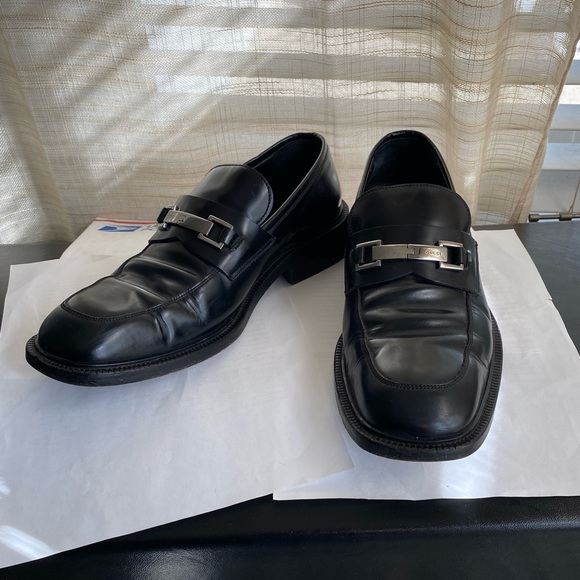 Gucci black leather loafers men dress shoes 42 silvr oxford derby slip on slides